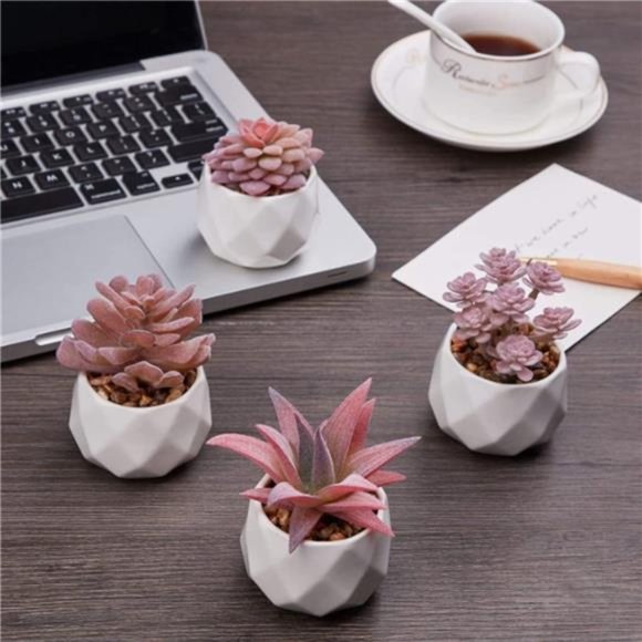 4 Pack Mini Succulents Plants Artificial in Pots-Rose Pink Small Fake Succulents - Picture 4 of 6